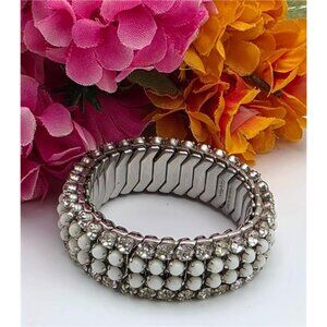 Airflex Rhinestone & White Bead Expandable Bracelet Silver Tone 5.5–8.5" Vintage